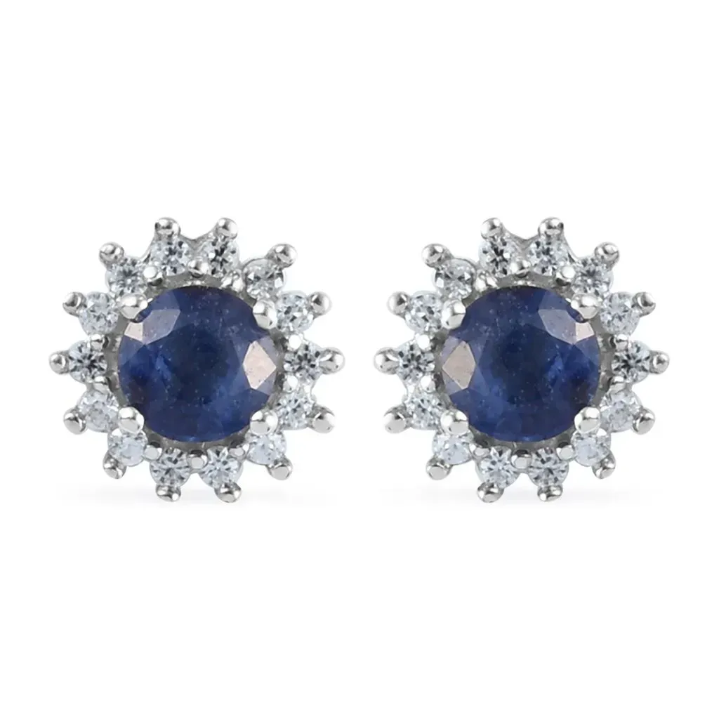 Blue sapphire halo stud earrings in sterling silver. 