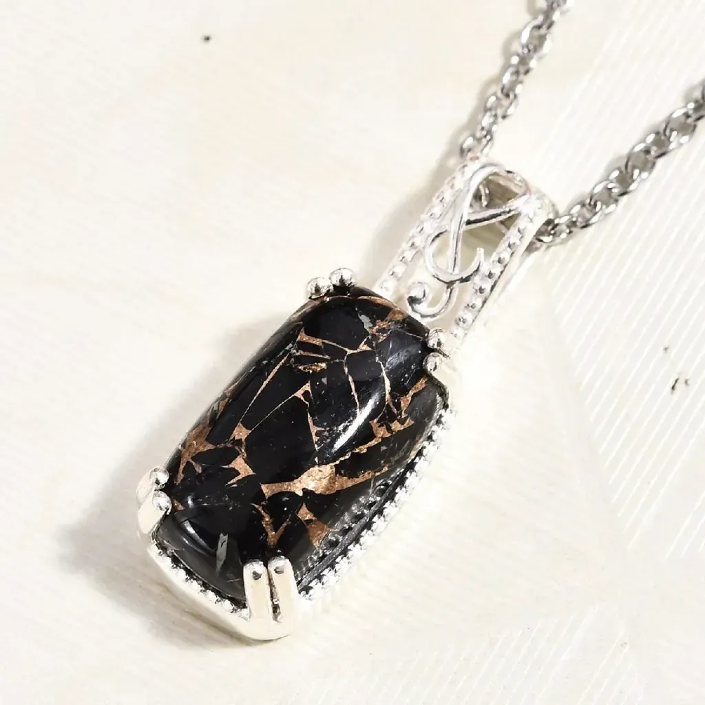 Matrix Black Spinel Pendant Necklace in Sterling Silver and Stainless Steel