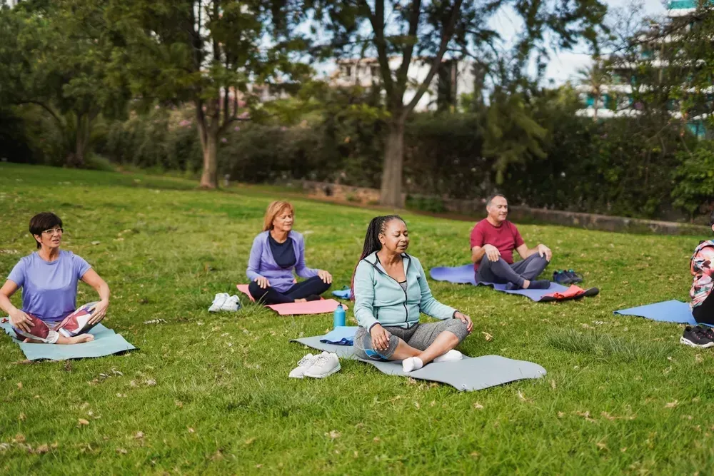 Multiracial senior people doing yoga meditation at park.