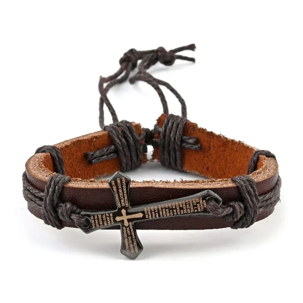 Brown leather men's bracelet with stainless steel cross. 