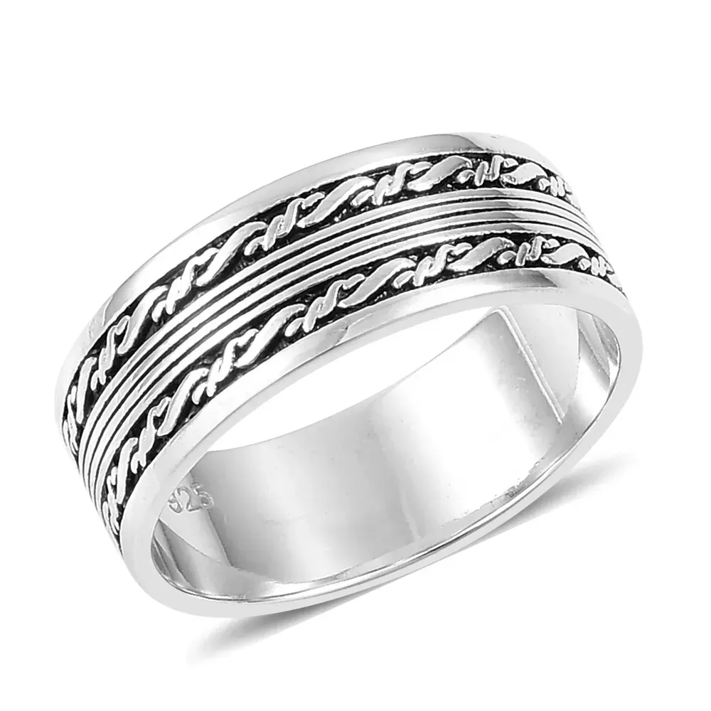 White sterling silver men's ring with barbwire motif.