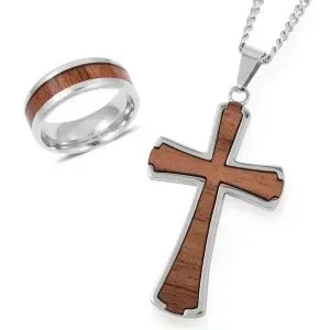 Men's acacia wood ring and cross set. 