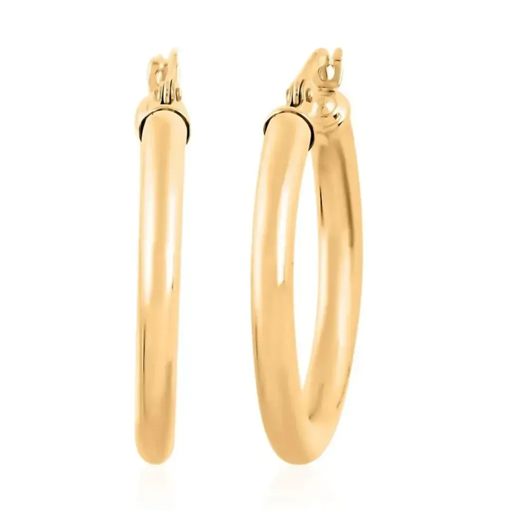 14K Yellow Gold Hoop Earrings on white background.
