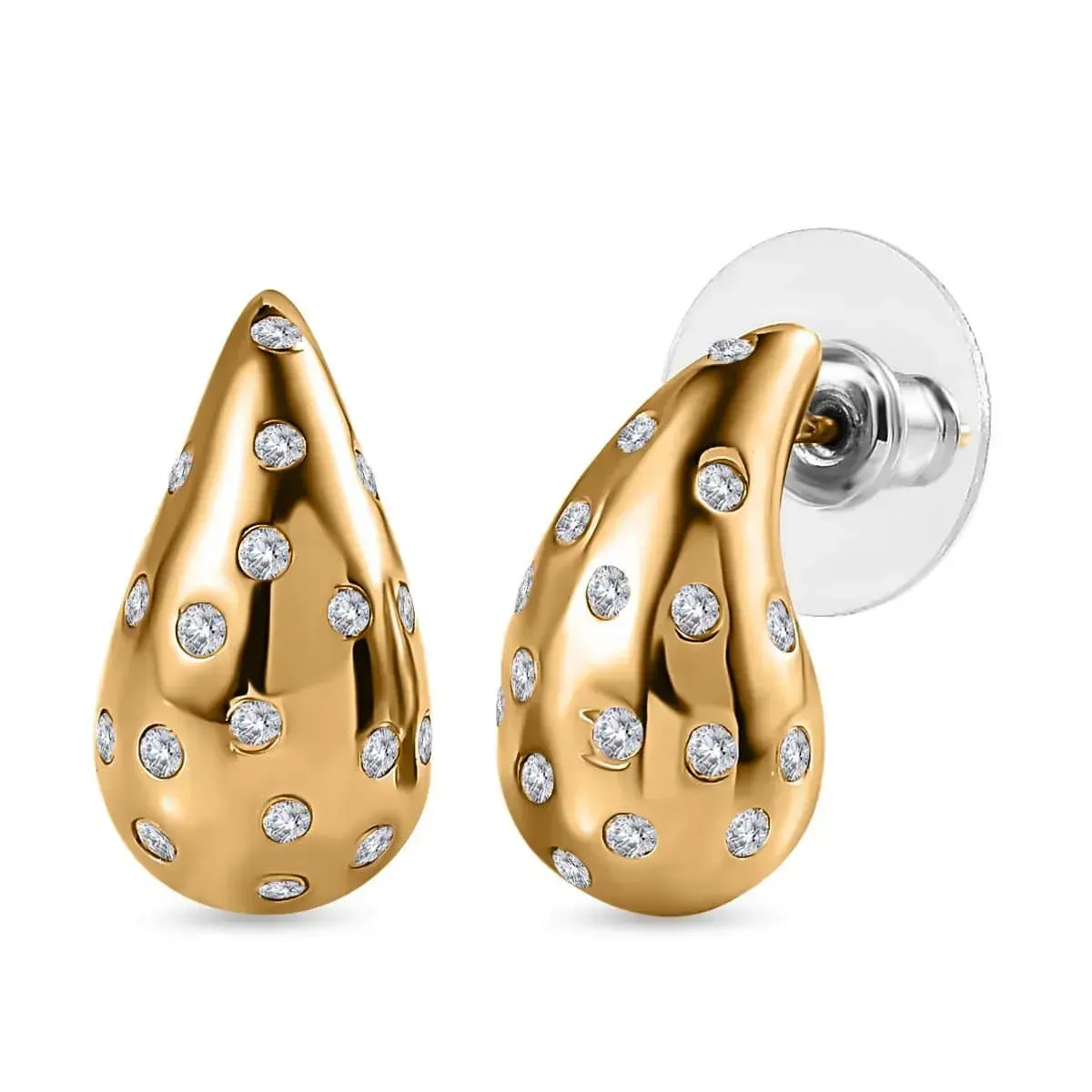 Moissanite Rain Drop Tear Drop Statement Earrings in Vermeil Yellow Gold Over Sterling Silver on white background.