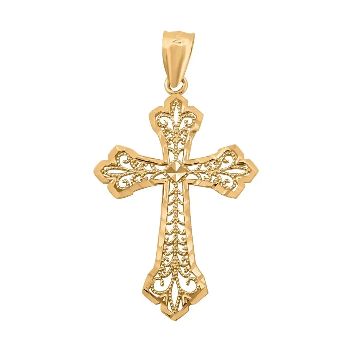 Made in America 10K Yellow Gold Cross Pendant on white background.