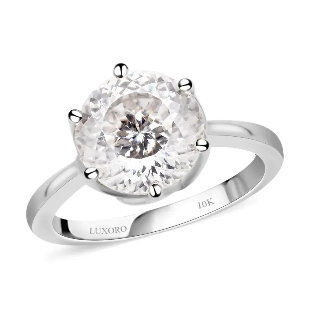 LUXORO 10K White Gold Portuguese Cut 161 Facet Moissanite Solitaire Ring