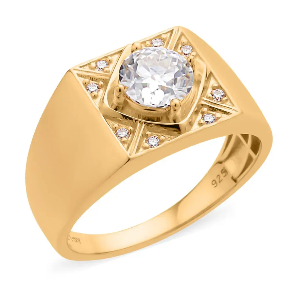 Old European Cut Moissanite Men's Ring in Vermeil Yellow Gold Over Sterling Silver