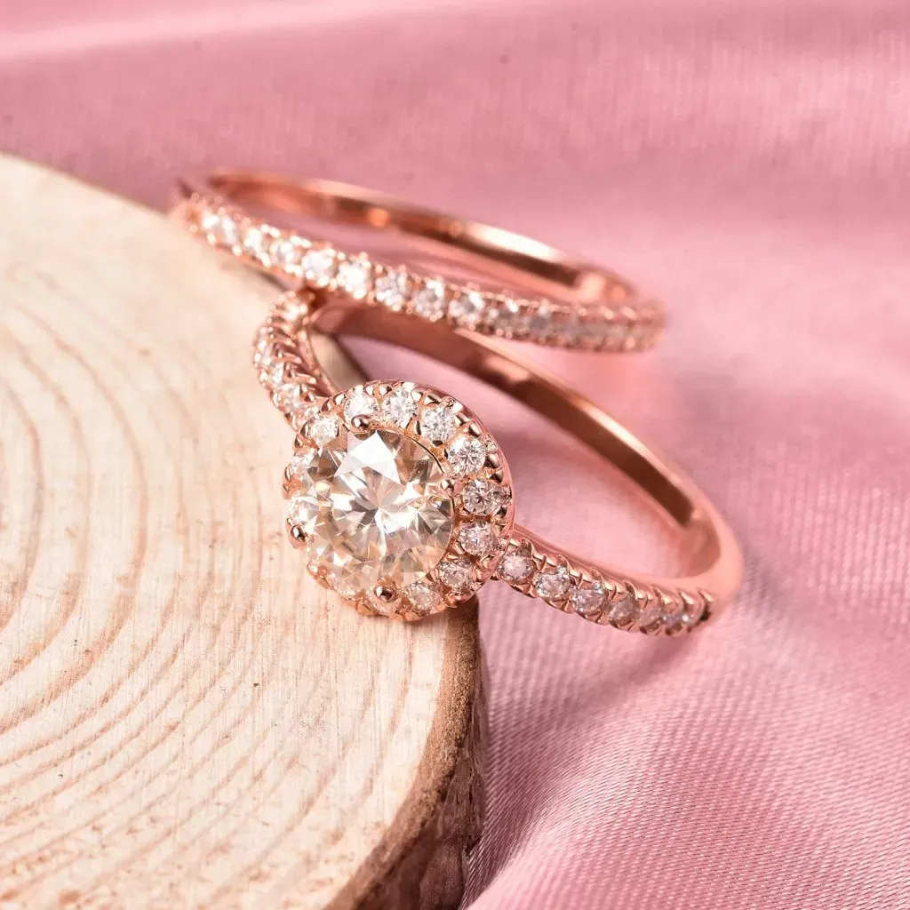 Moissanite two ring set in rose gold vermeil. 