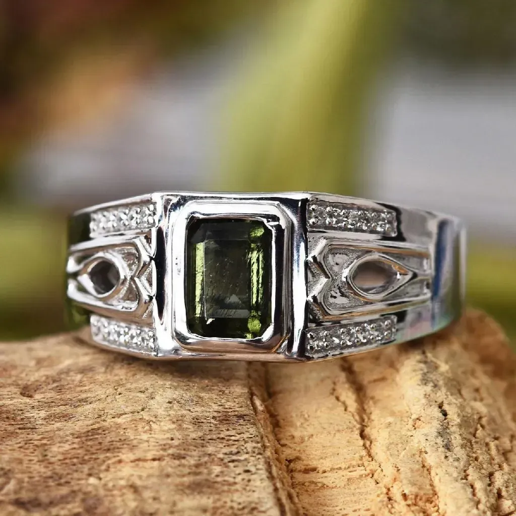 Bohemian Moldavite, Zircon Men's Ring in Platinum Over Sterling Silver