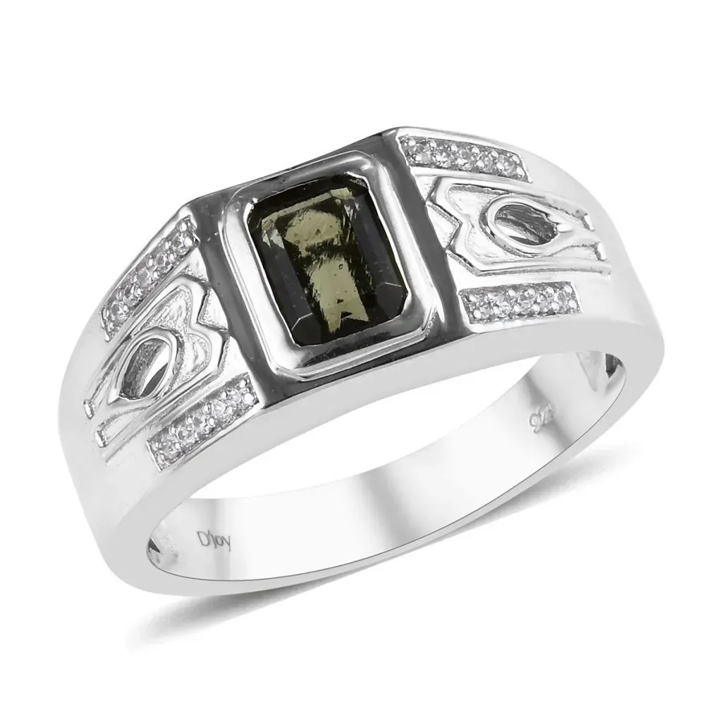 Bohemian Moldavite and Zircon Men's Ring in Platinum Over Sterling Silver