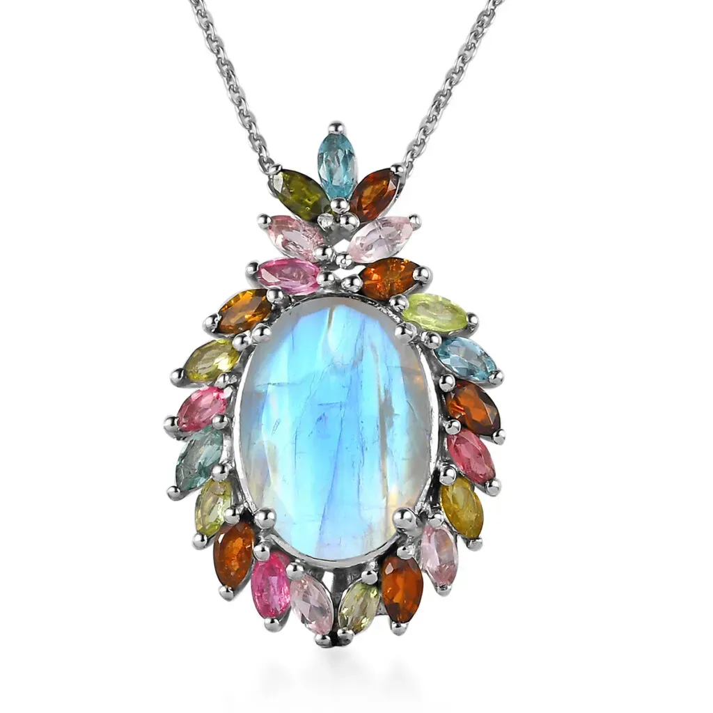 Rainbow Moonstone and Multi-Tourmaline Floral Pendant Necklace 20 Inches in Platinum Over Sterling Silver