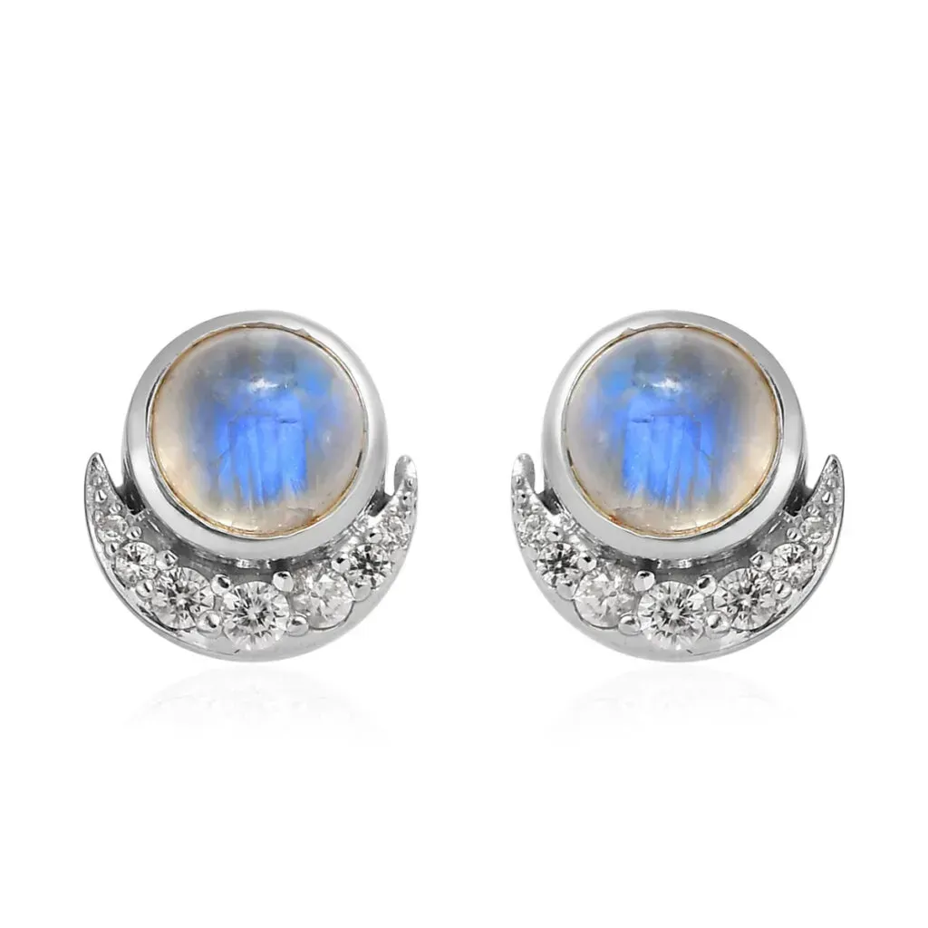 Rainbow Moonstone and White Zircon Earrings in Platinum Over Sterling Silver