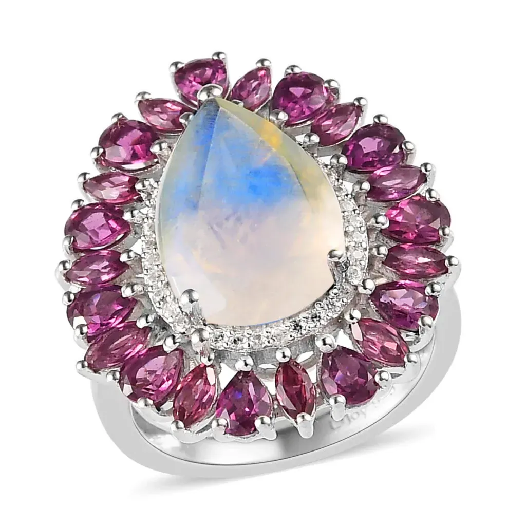 Rainbow Moonstone and Multi Gemstone Cocktail Ring in Platinum Over Sterling Silver 