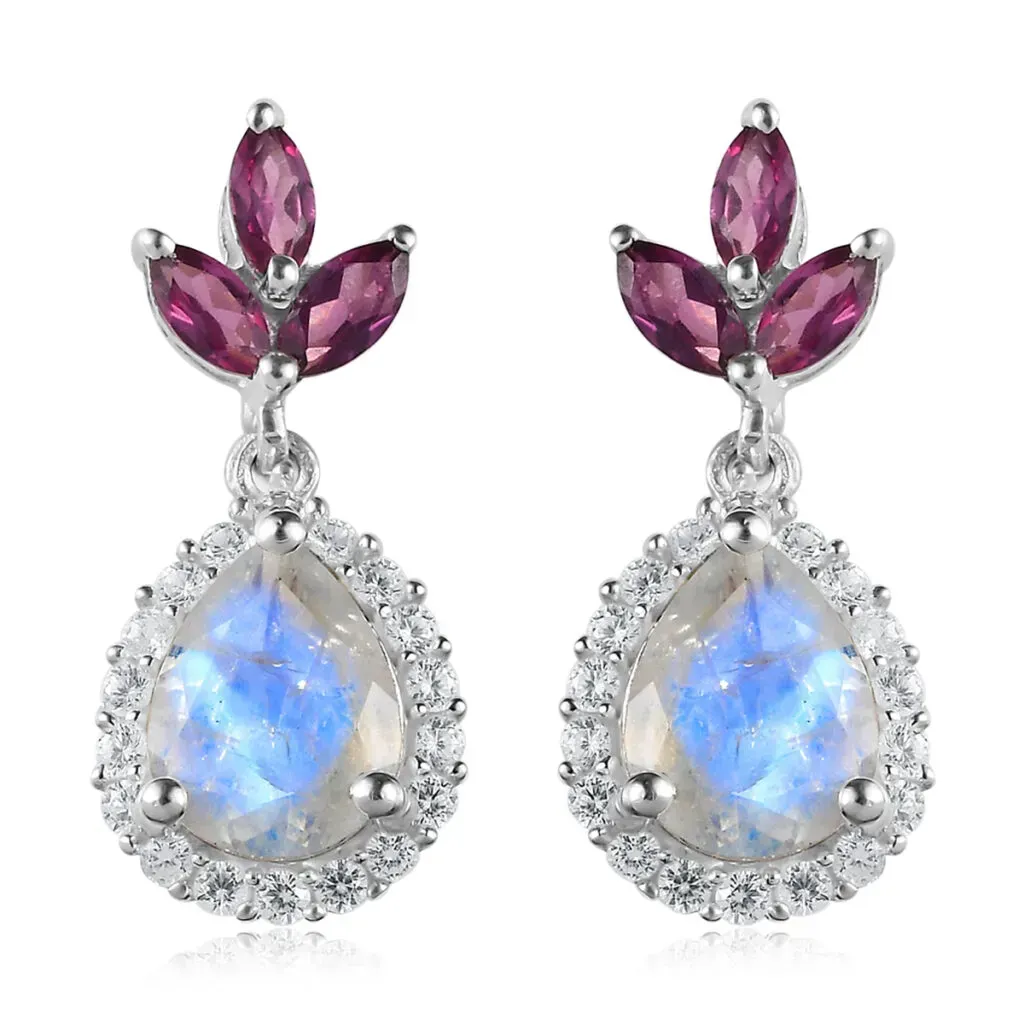 Rainbow Moonstone and Multi Gemstone Earrings in Platinum Over Sterling Silver