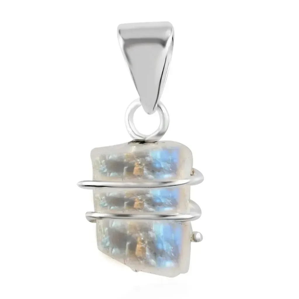 Artisan Crafted Rough Cut Rainbow Moonstone Pendant in Sterling Silver