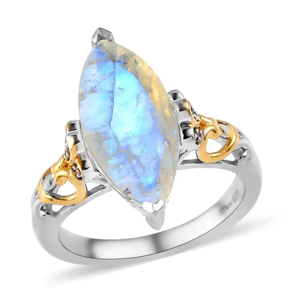 Rainbow Moonstone and White Zircon Ring in Vermeil Yellow Gold and Platinum Over Sterling Silver