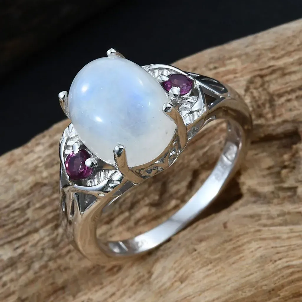 Rainbow Moonstone and Orissa Rhodolite Garnet Ring in Platinum Over Sterling Silver