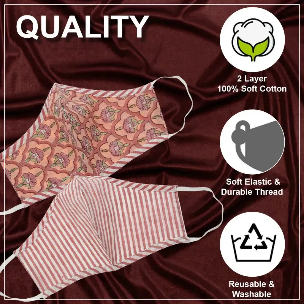 Moroccan floral print and striped face mask set. 
