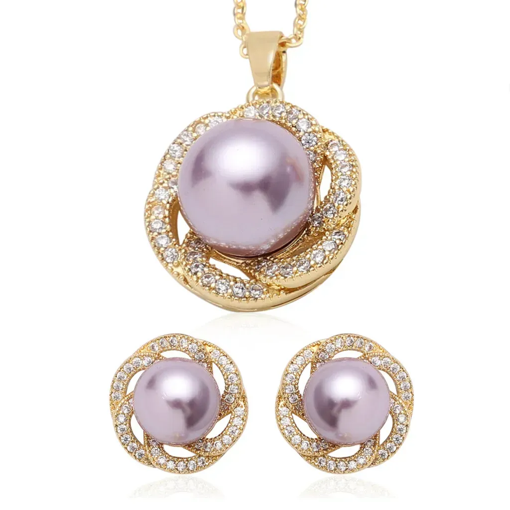 To My Beautiful Bonus Mom Jewelry Gift Set with Purple Shell Pearl, Simulated Diamond Floral Earrings and Pendant Necklace Set (18 In) in Goldtone 0.50 ctw