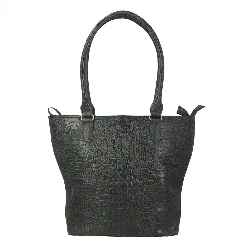 Black Dual Tone Croco Embossed Genuine Leather Tote Bag