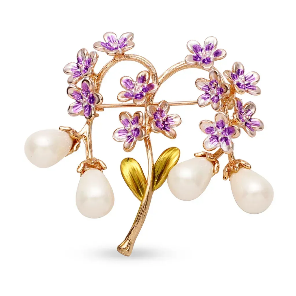 Dear Mom Jewelry Gift Set with Simulated Pearl, Purple Enameled Floral Bouquet Brooch in Goldtone