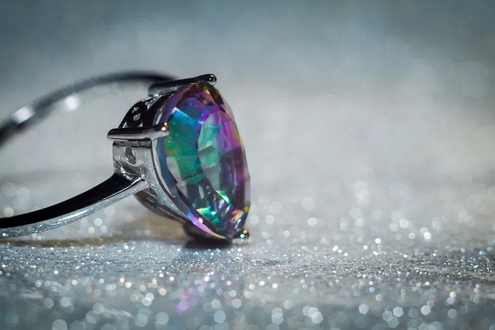 Silver ring featuring colorful Mystic Topaz gemstone. 