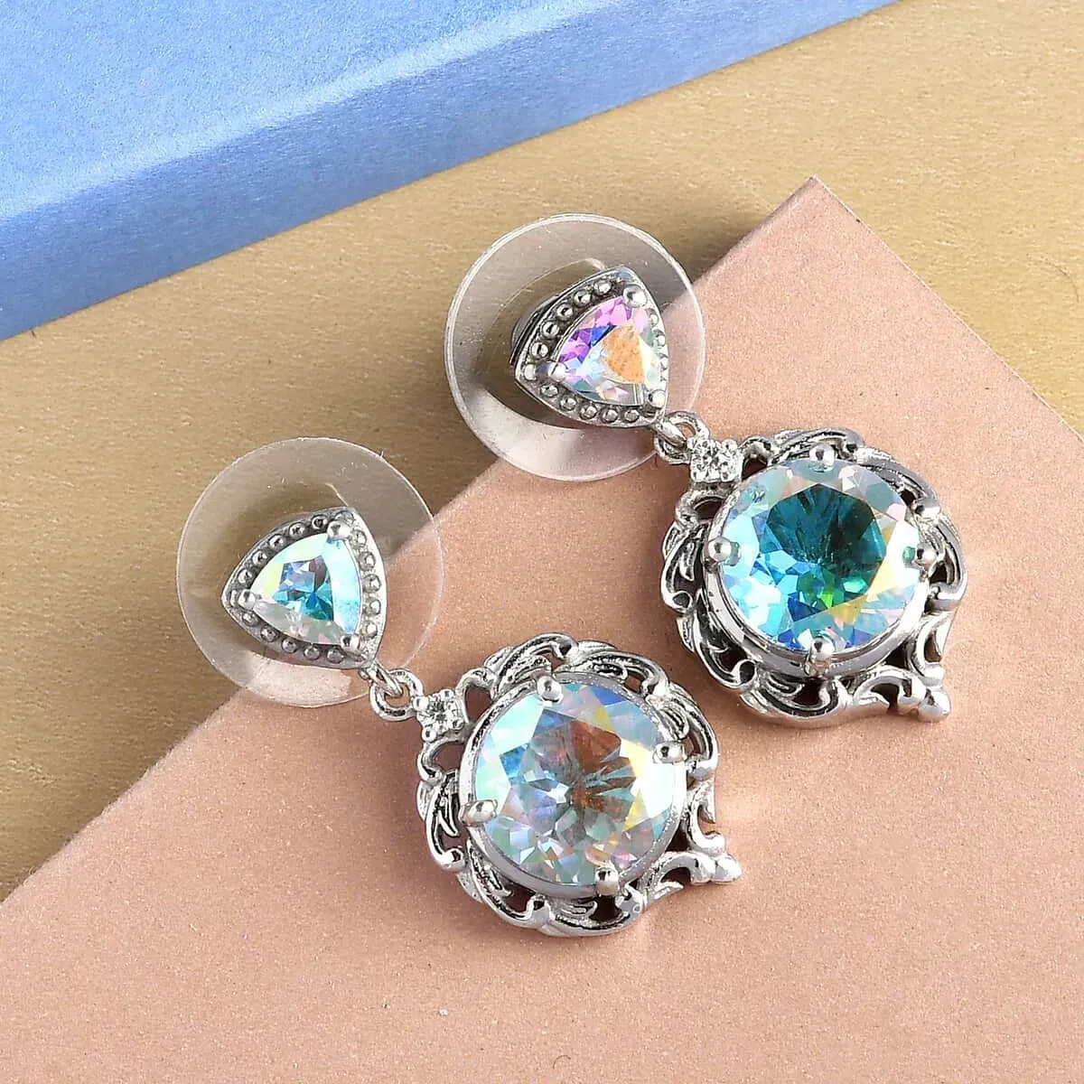 Mercury Mystic Topaz and White Zircon Dangling Earrings in Platinum Over Sterling Silver 