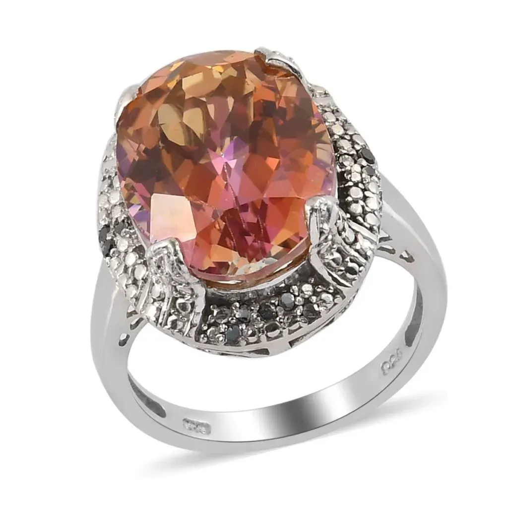 Moon Glow Orange Mystic Topaz and Black Diamond Ring in Platinum Over Sterling Silver 8.85 ctw