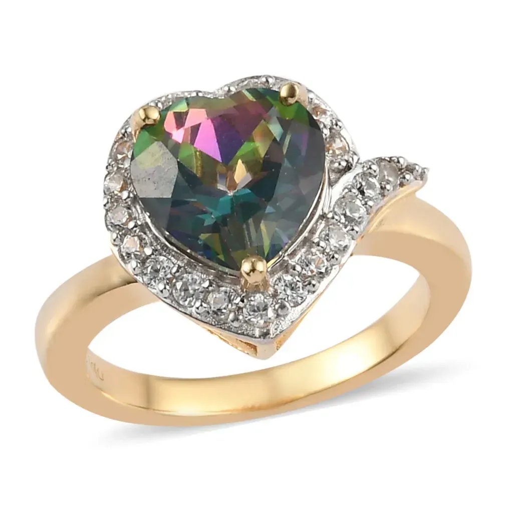 Northern Lights Mystic Topaz and Natural White Zircon Heart Ring in Vermeil Yellow Gold Over Sterling Silver 3.35 ctw