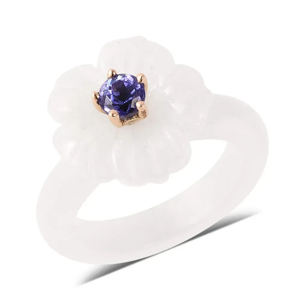 JARDIN COLLECTION White Jade Carved Flower and Tanzanite Ring in 10K Yellow Gold 
