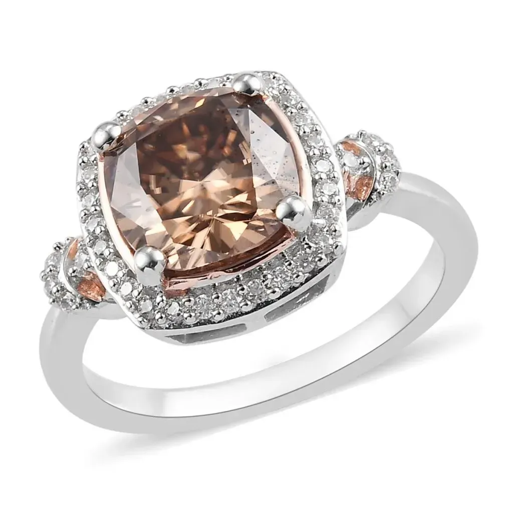 Champagne Moissanite and White Moissanite Ring in Platinum Over Sterling Silver
