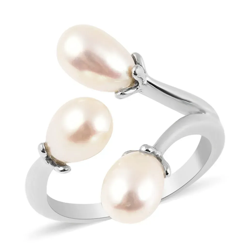 LucyQ Drop Collection White Freshwater Pearl Multi Bypass Ring in Rhodium Over Sterling Silver