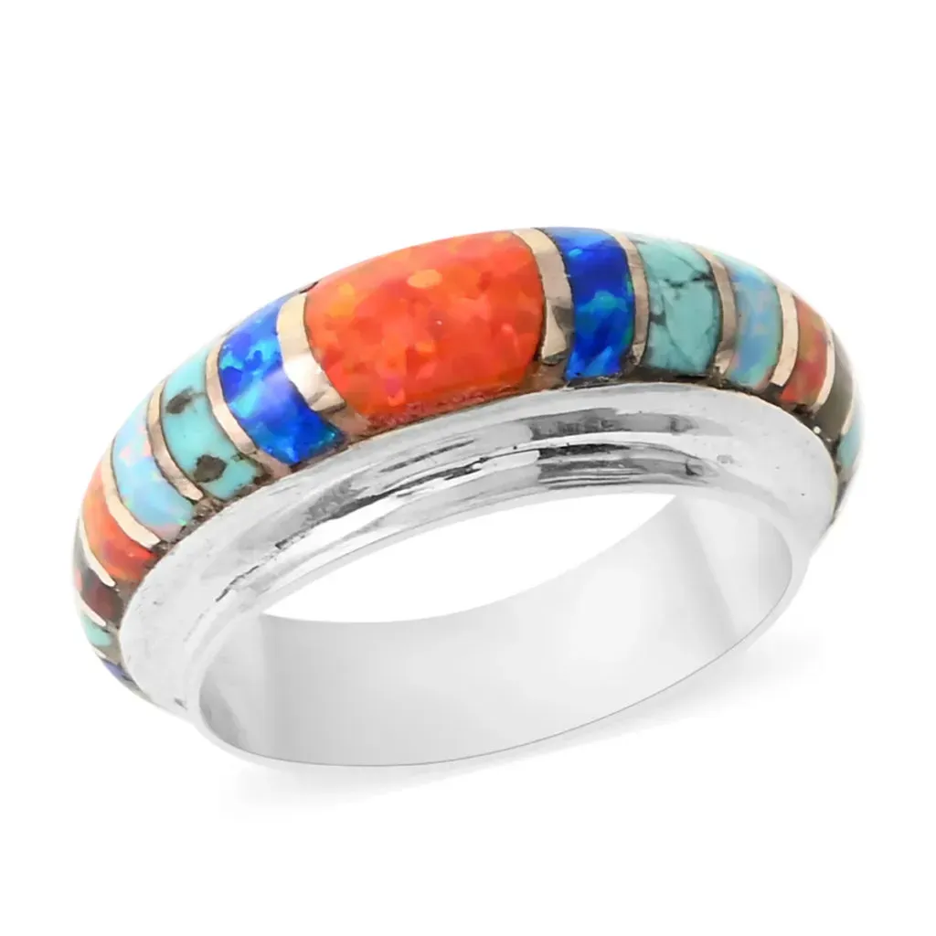 SANTA FE Style Turquoise and Multi Gemstone Ring in Sterling Silver