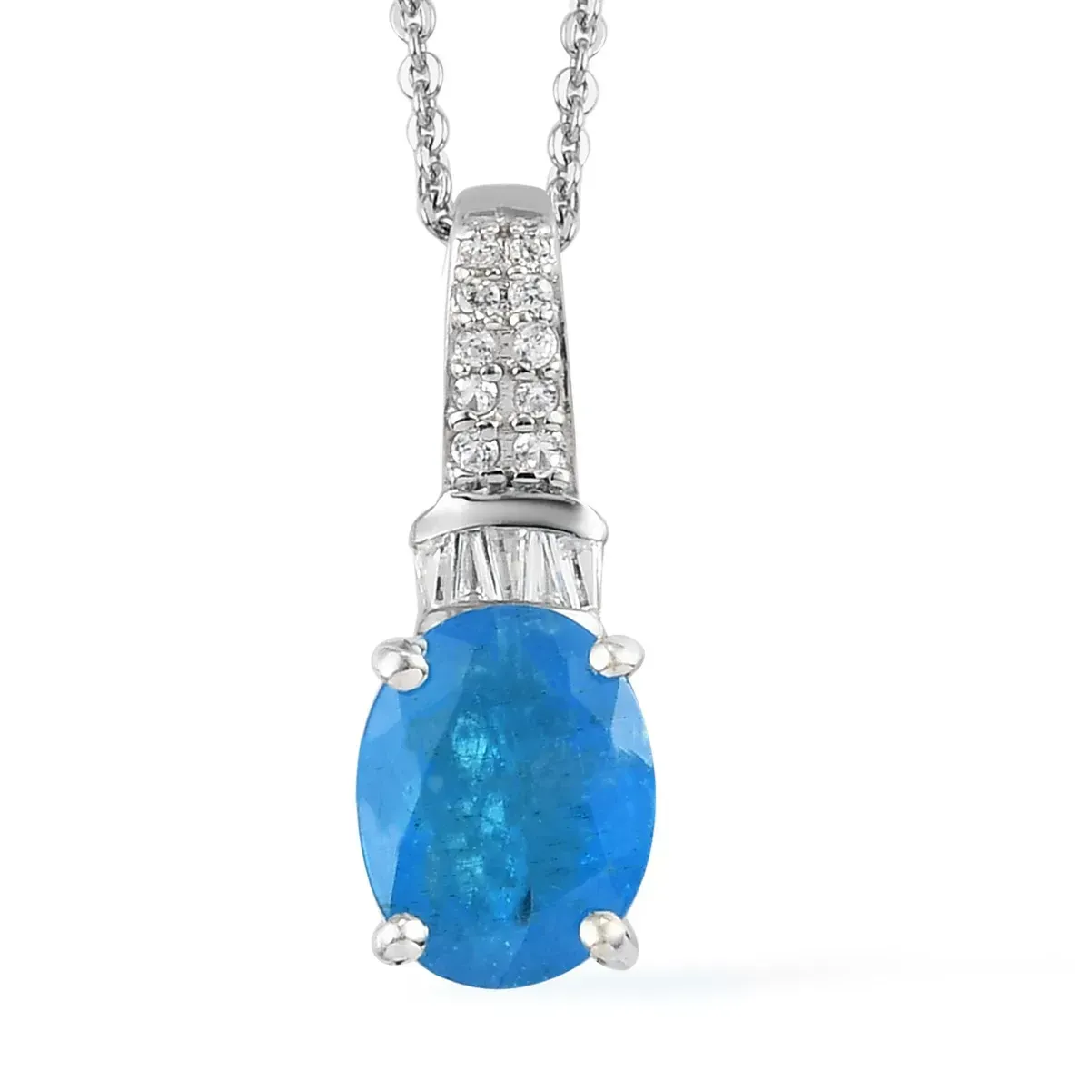 Electric Blue Gemstone and Natural White Zircon Pendant Necklace 20 Inches in Platinum Over Sterling Silver