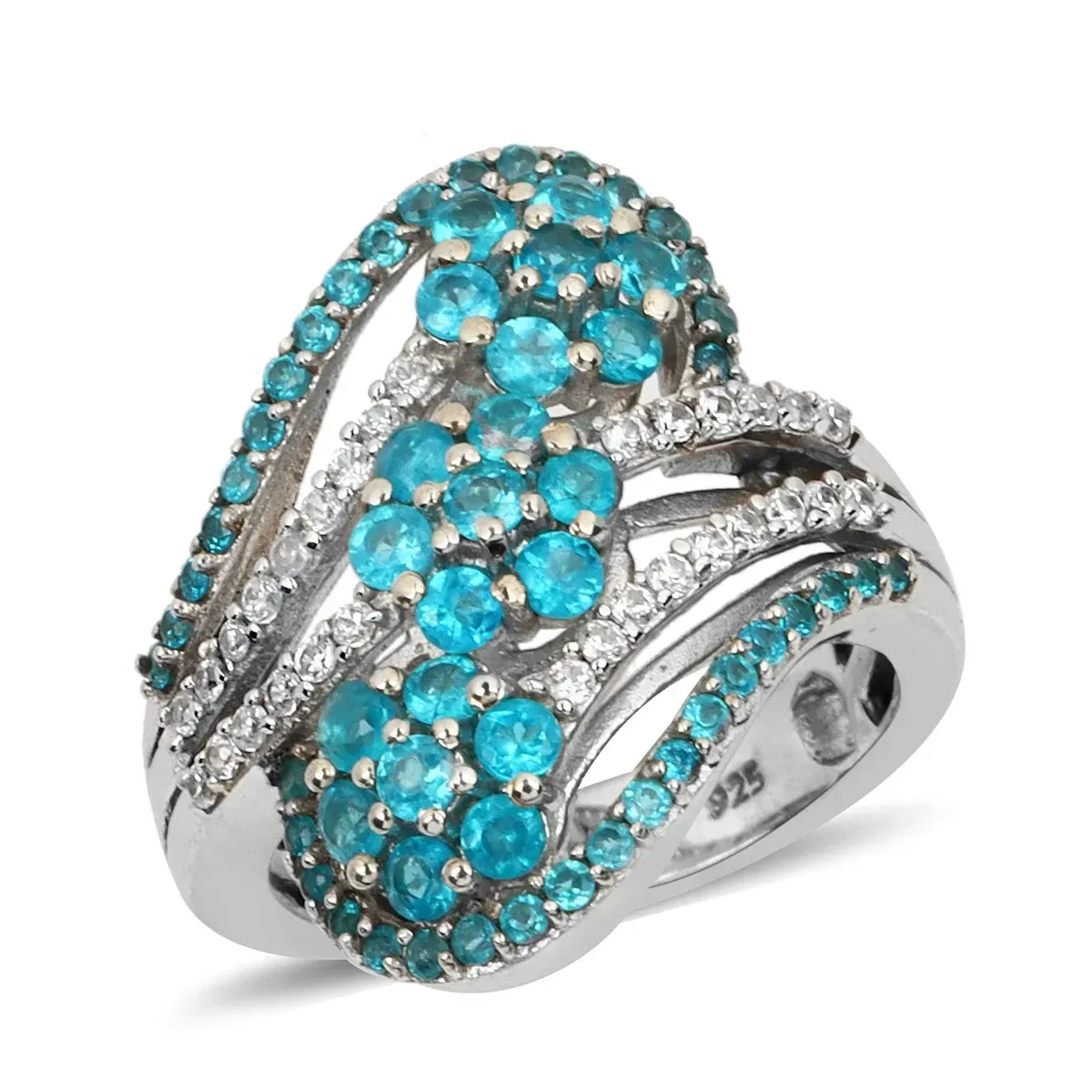 Malgache Neon Apatite and Zircon, Diamond Ring in Platinum Over Sterling Silver