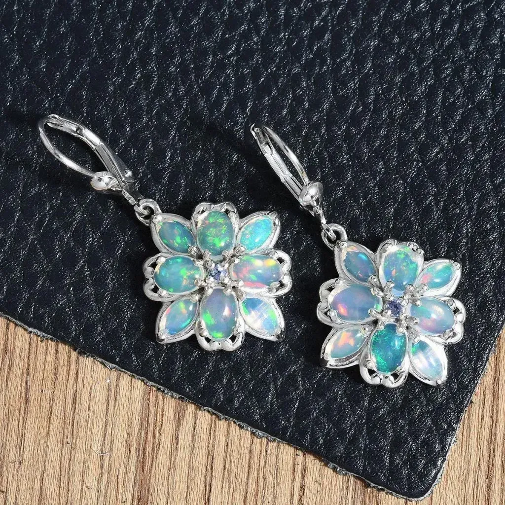 Ethiopian Welo Opal, Tanzanite Lever Back Earrings in Platinum Over Sterling Silver