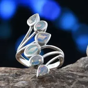 Ethiopian white opal elongated ring in sterling silver.