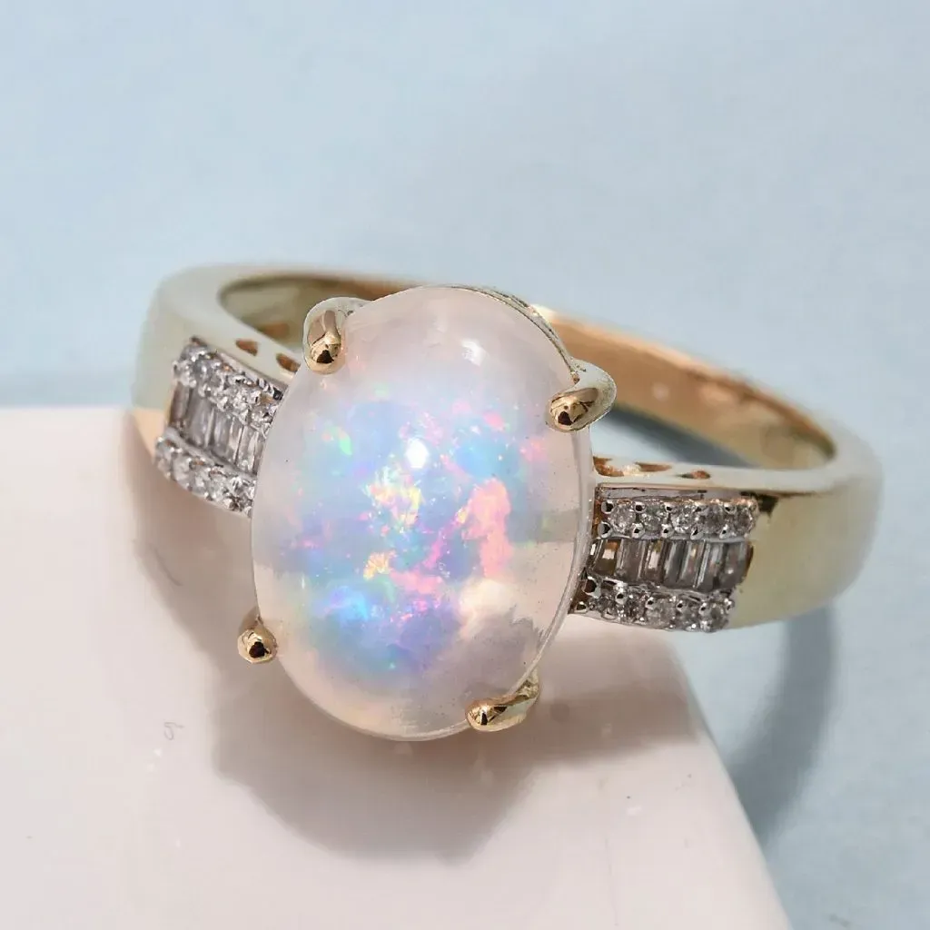 Ethiopian Welo Opal and Diamond Ring in 14K Yellow Gold