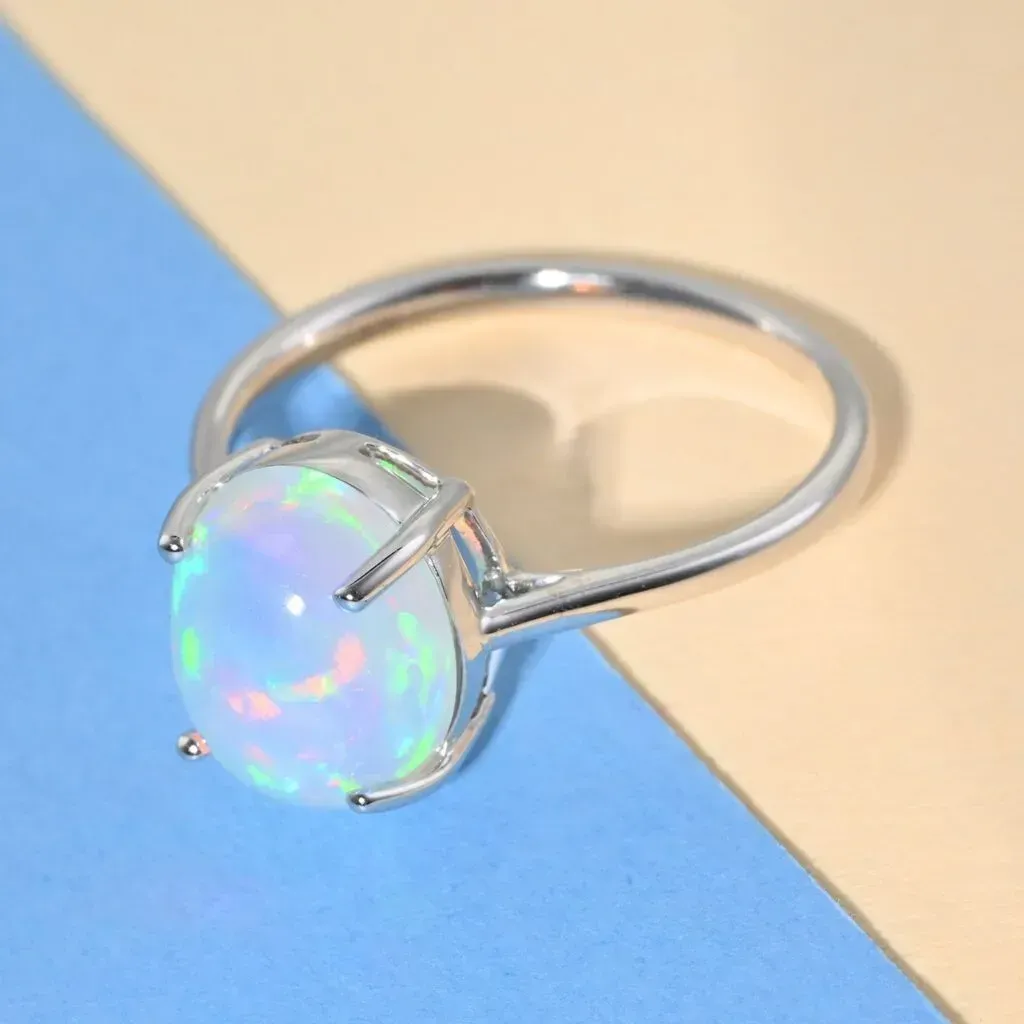 Certified & Appraised LUXORO 10K White Gold AAA Ethiopian Welo Opal Solitaire Ring