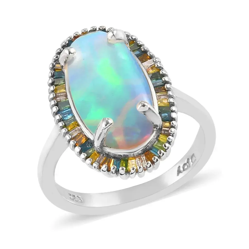Premium Wegal Tena Opal and Multi Diamond Halo Ring in Platinum Over Sterling Silver