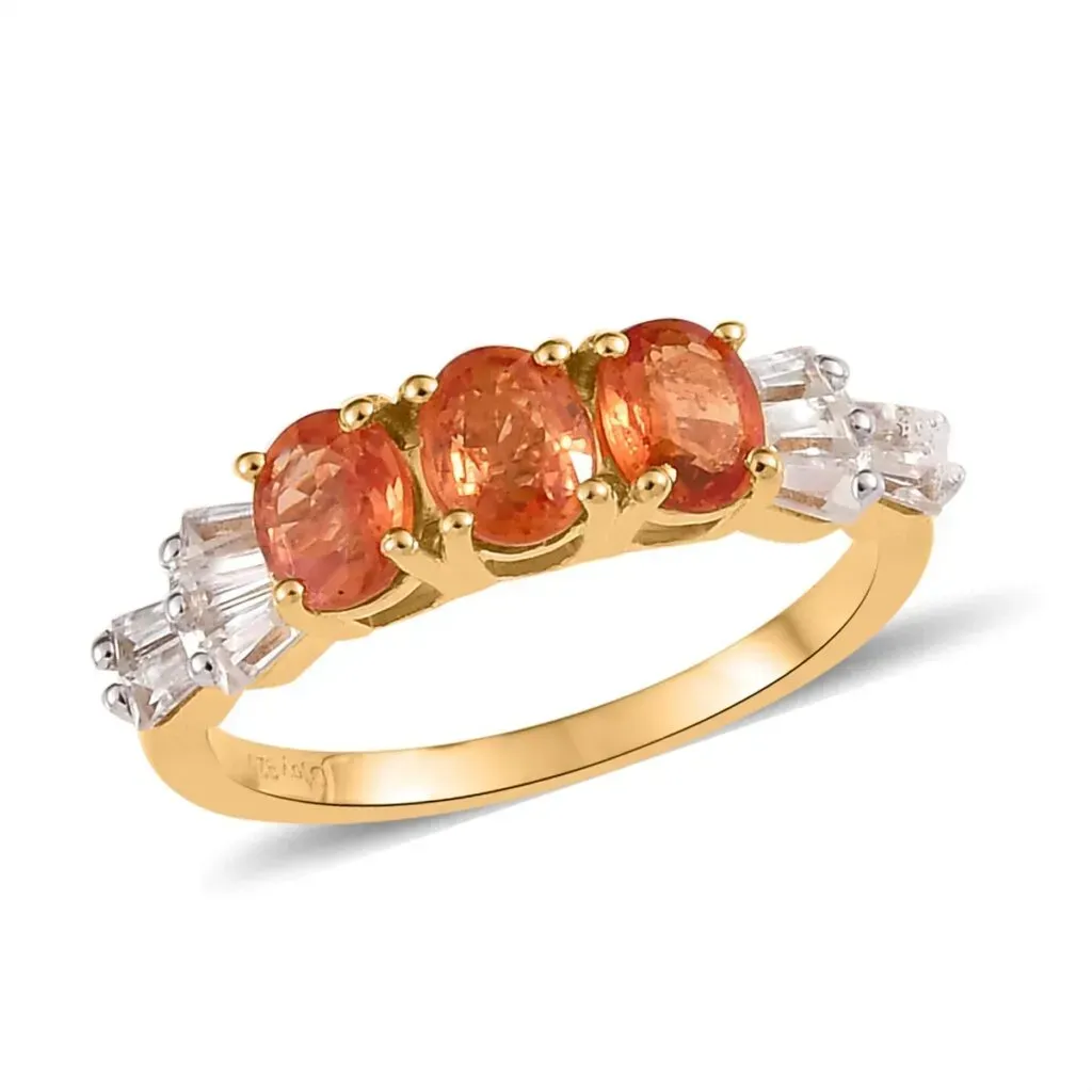 Orange Sapphire and Natural White Zircon 3 Stone Ring in Vermeil Yellow Gold Over Sterling Silver