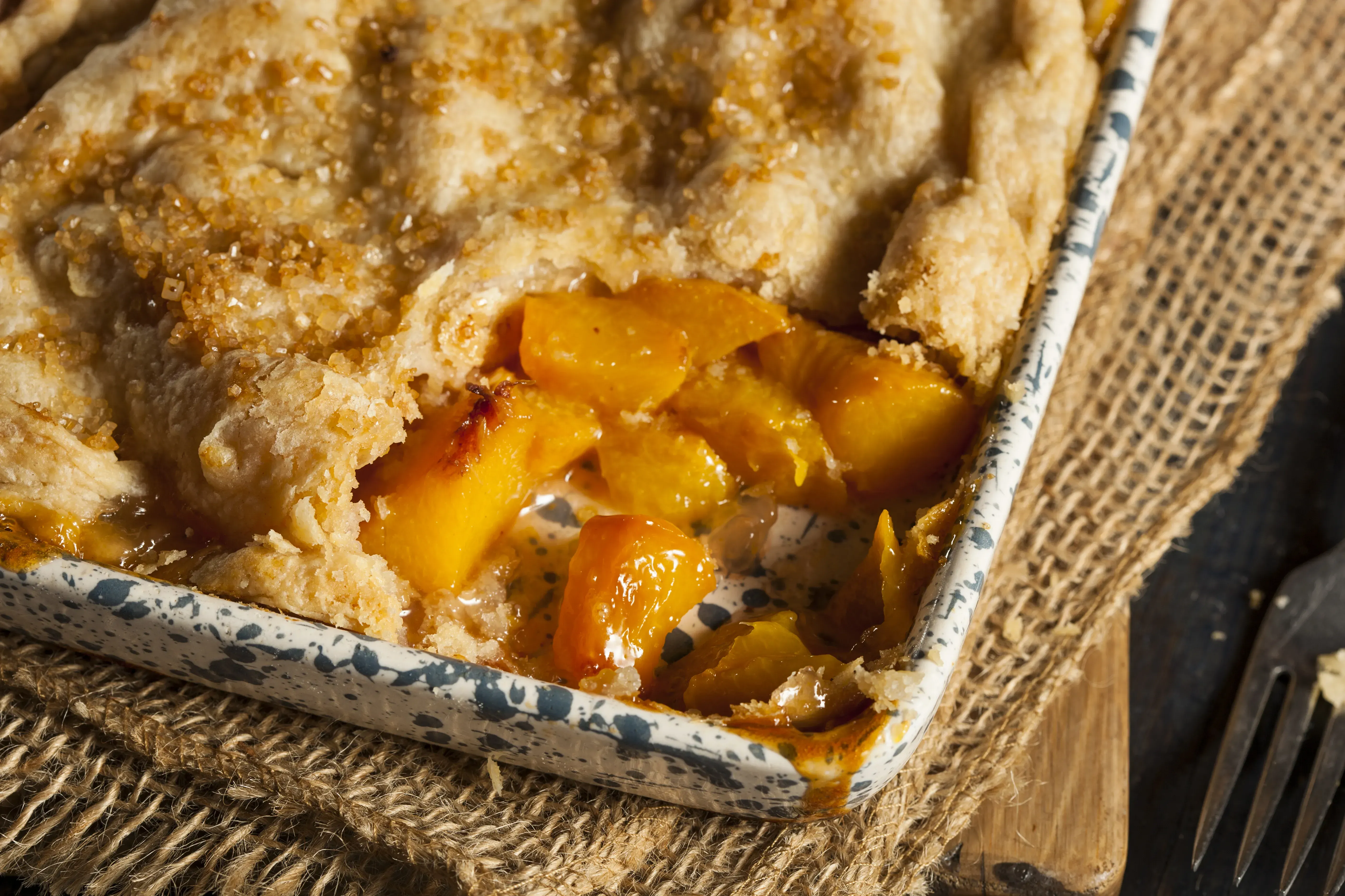 Piping hot and freshly made peach cobbler. Yum!