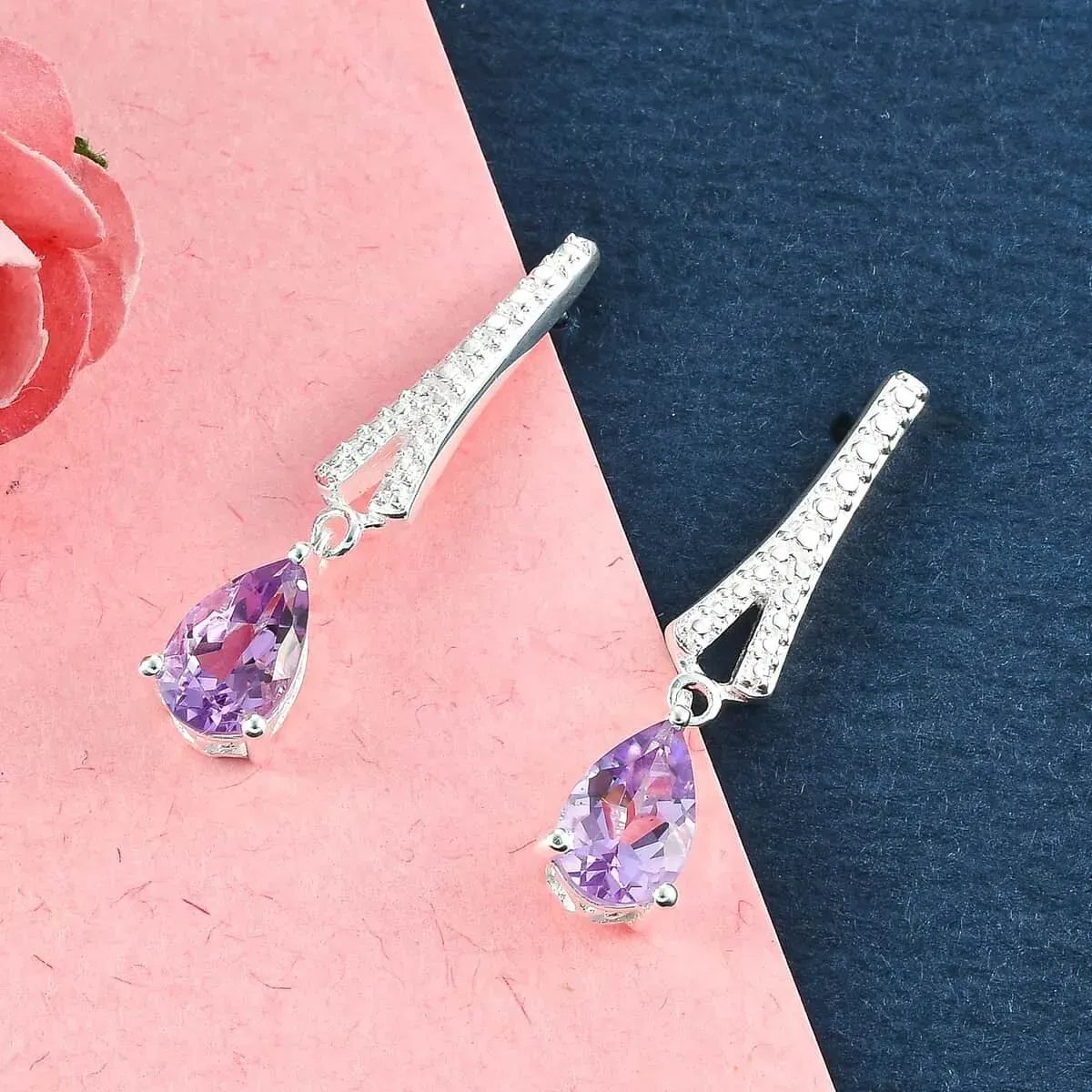 Amethyst Earrings, Rose De France Amethyst Drop Earrings, Silver Drop Earrings, Sterling Silver Earrings on blue and pink background.