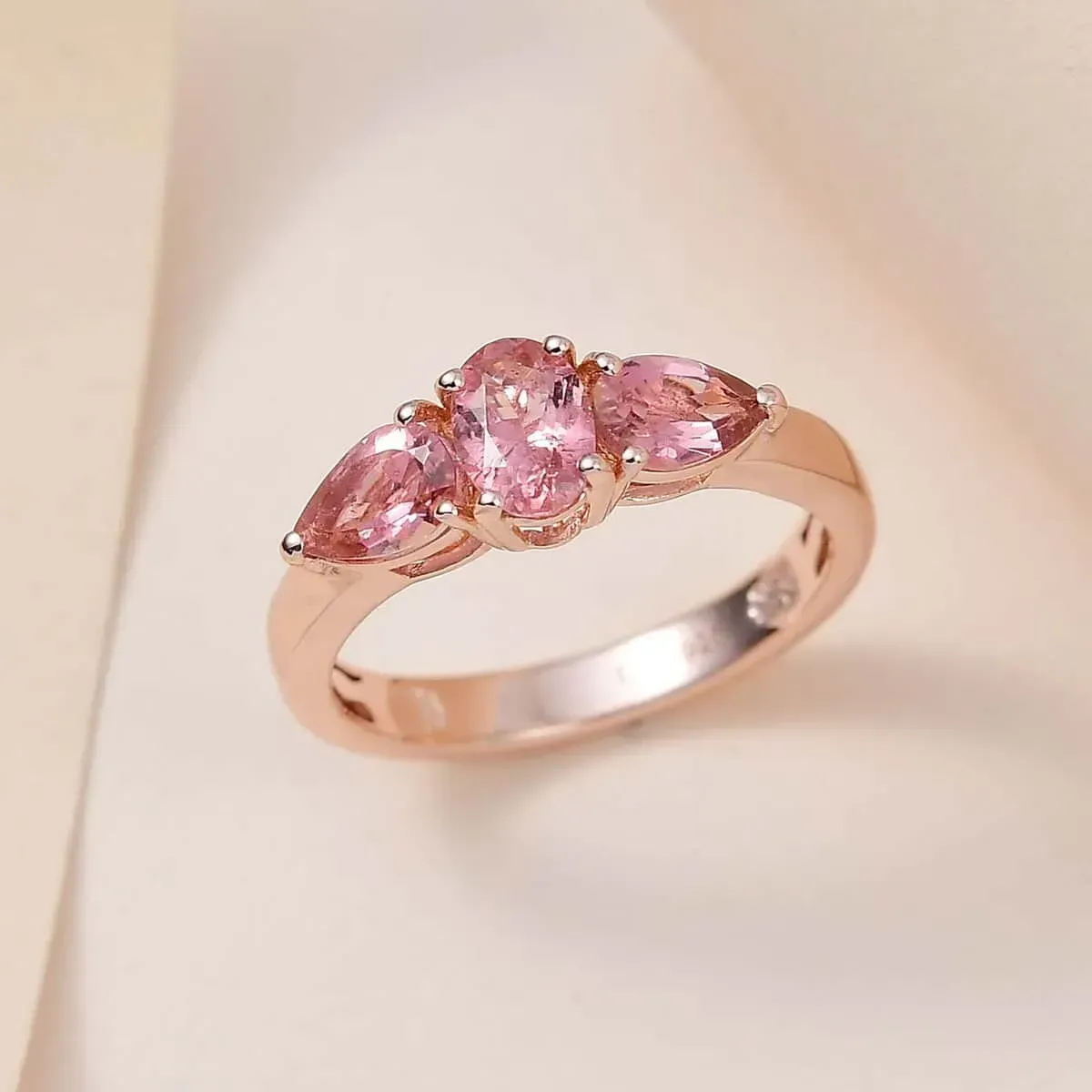 Blush Tourmaline Ring, 3 Stone Ring, Trilogy Ring, Vermeil RG Over Sterling Silver Ring displayed on neutral background.