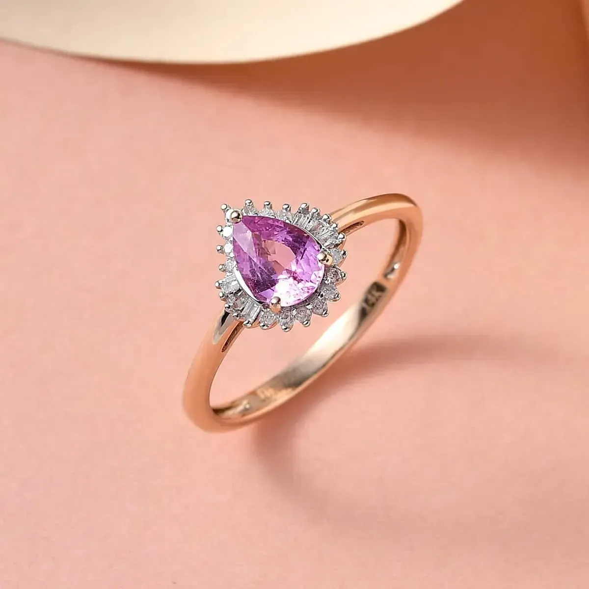 Luxoro AAA AAA Madagascar Pink Sapphire Ring, Diamond Accent Ring, Sapphire Halo Ring, 14K Rose Gold Ring, on neutral background.