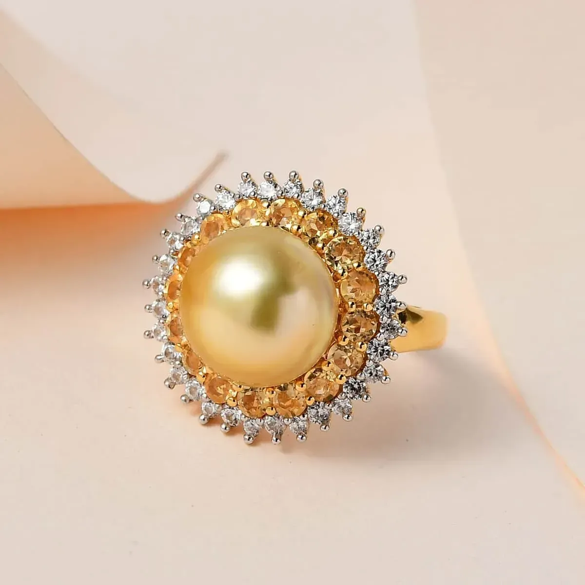 South Sea Golden Pearl and Multi Gemstone Double Halo Ring in Vermeil Yellow Gold Over Sterling Silver