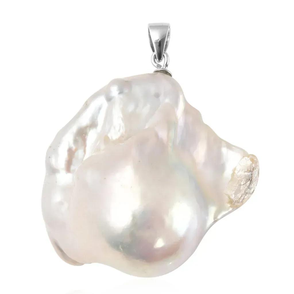 Organic Shape Baroque Pearl Pendant in Rhodium Over Sterling Silver