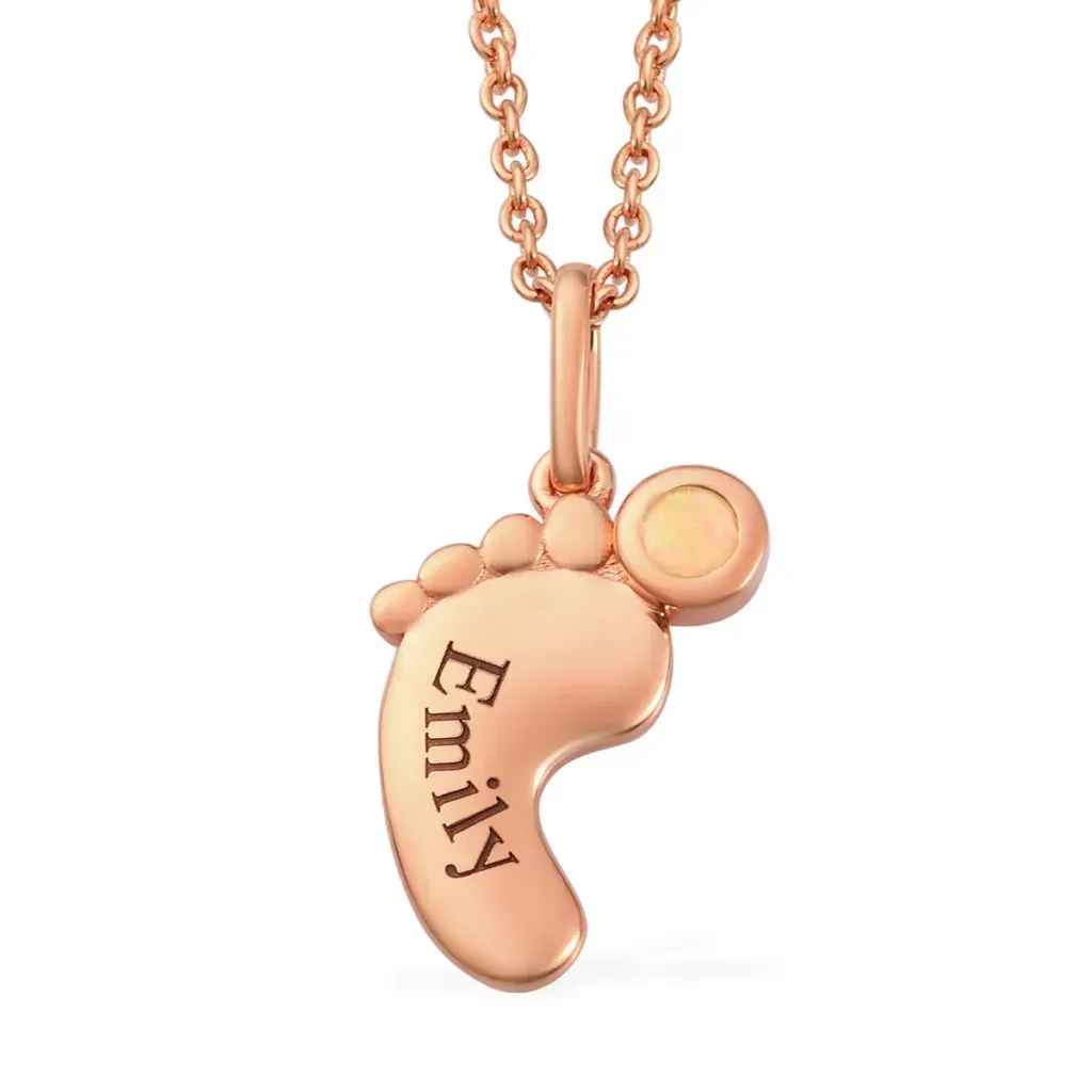 Rose gold baby foot pendant with engraving.