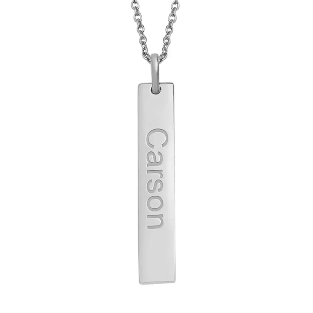 Stainless steel bar pendant inscribed with name.
