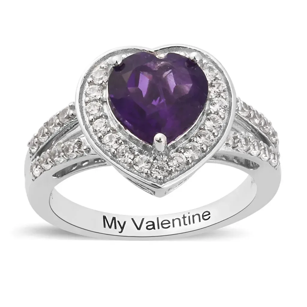 Sterling silver amethyst ring with heart shaped amethyst and inscription.